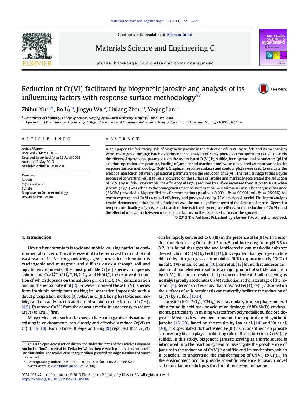 Reduction of Cr(VI) facilitated by biogenetic jarosite and analysis of its influencing factors with response surface methodology