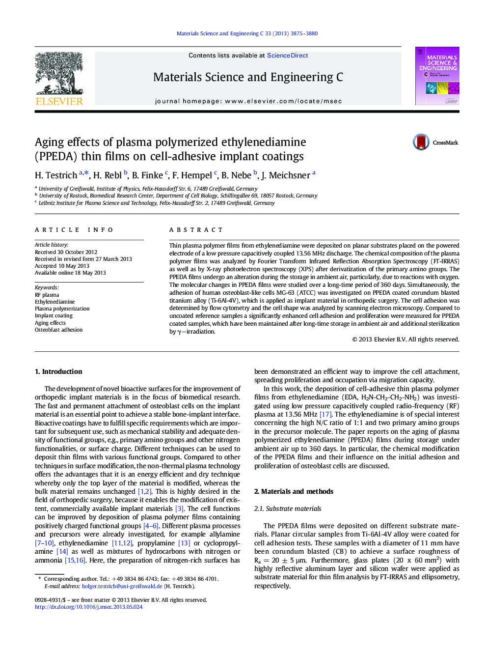 Aging effects of plasma polymerized ethylenediamine (PPEDA) thin films on cell-adhesive implant coatings