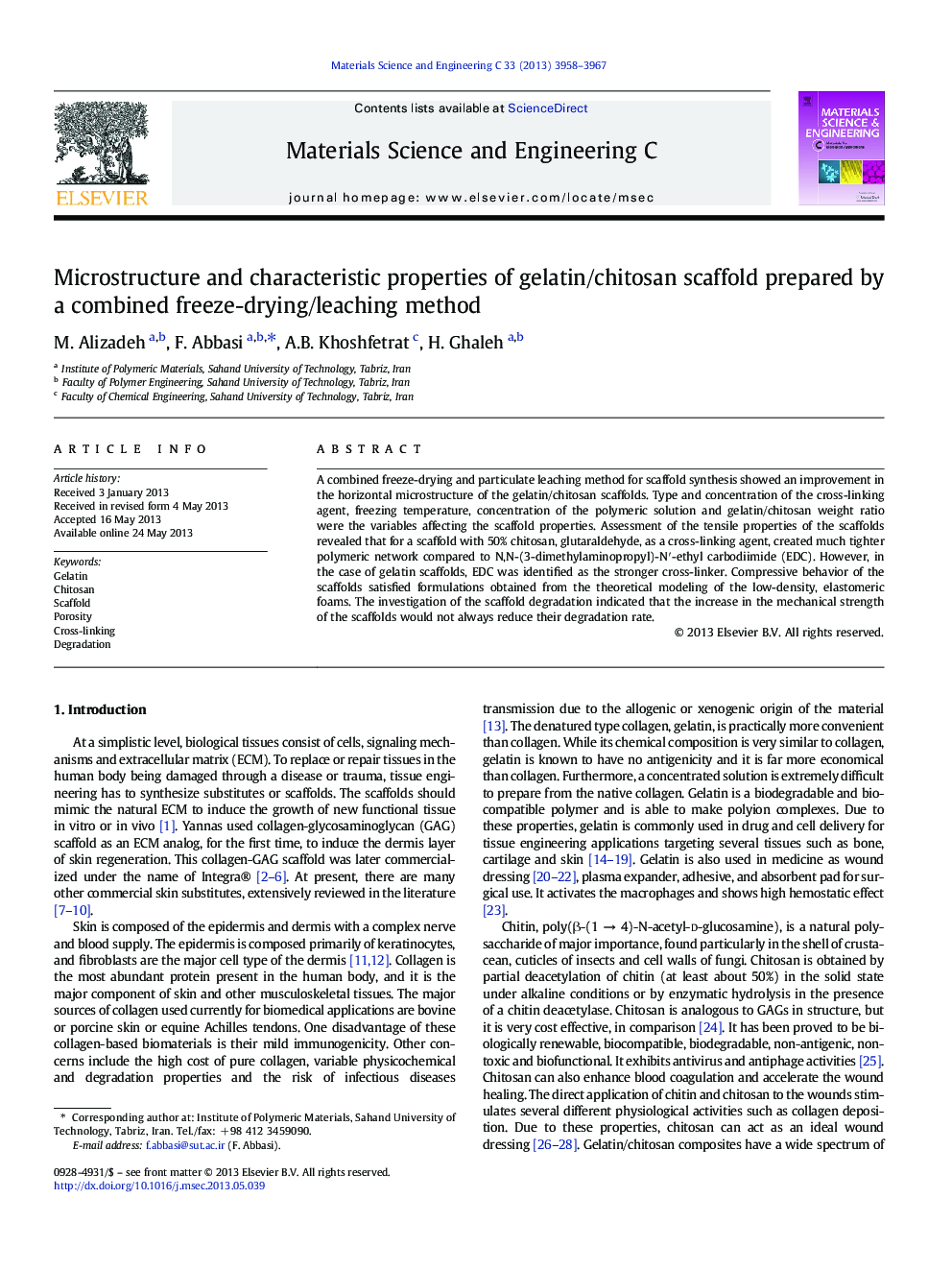 Microstructure and characteristic properties of gelatin/chitosan scaffold prepared by a combined freeze-drying/leaching method