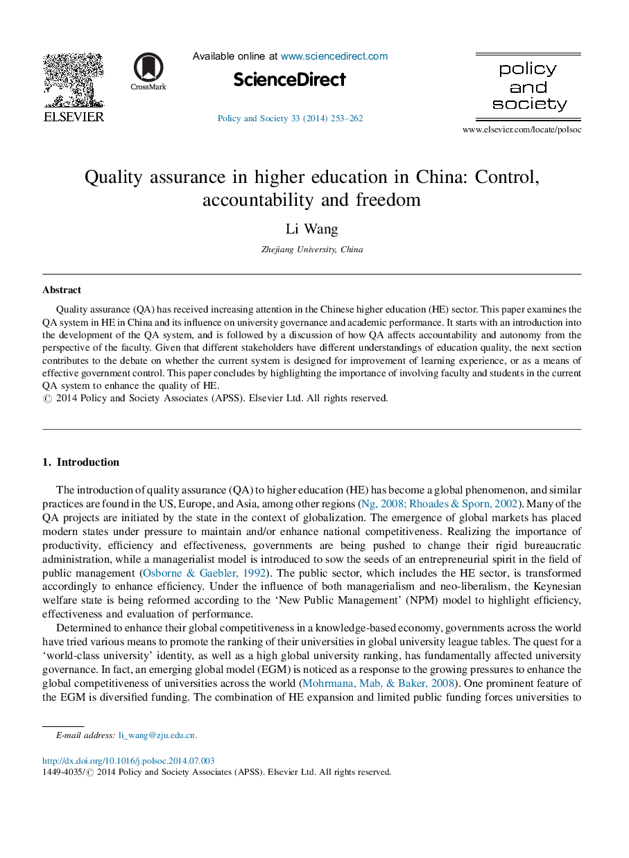 Quality assurance in higher education in China: Control, accountability and freedom