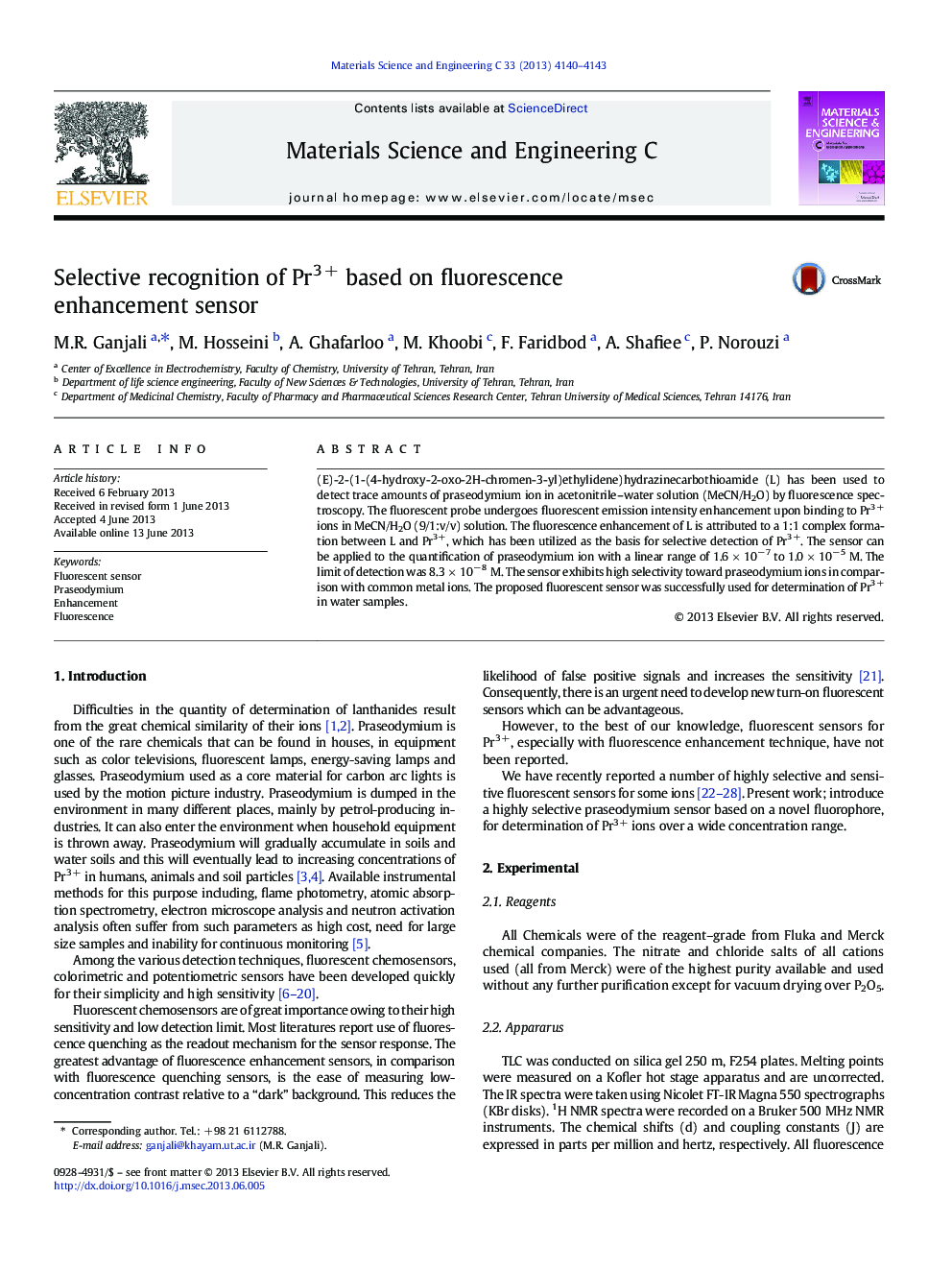 Selective recognition of Pr3Â + based on fluorescence enhancement sensor