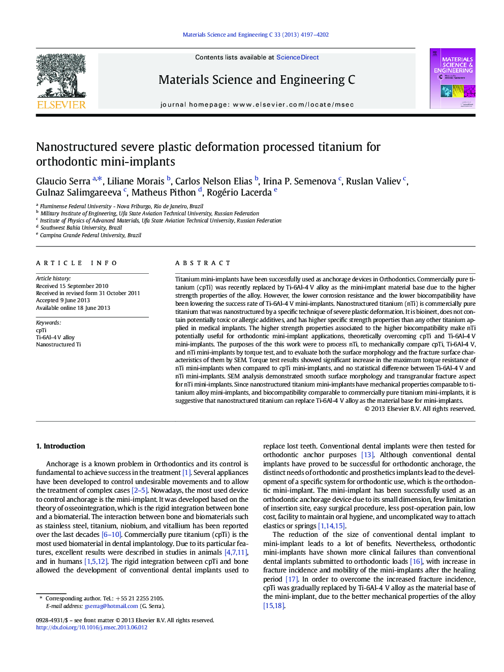 Nanostructured severe plastic deformation processed titanium for orthodontic mini-implants