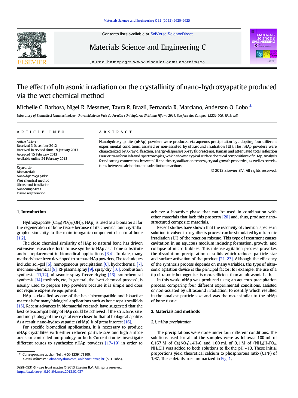 The effect of ultrasonic irradiation on the crystallinity of nano-hydroxyapatite produced via the wet chemical method