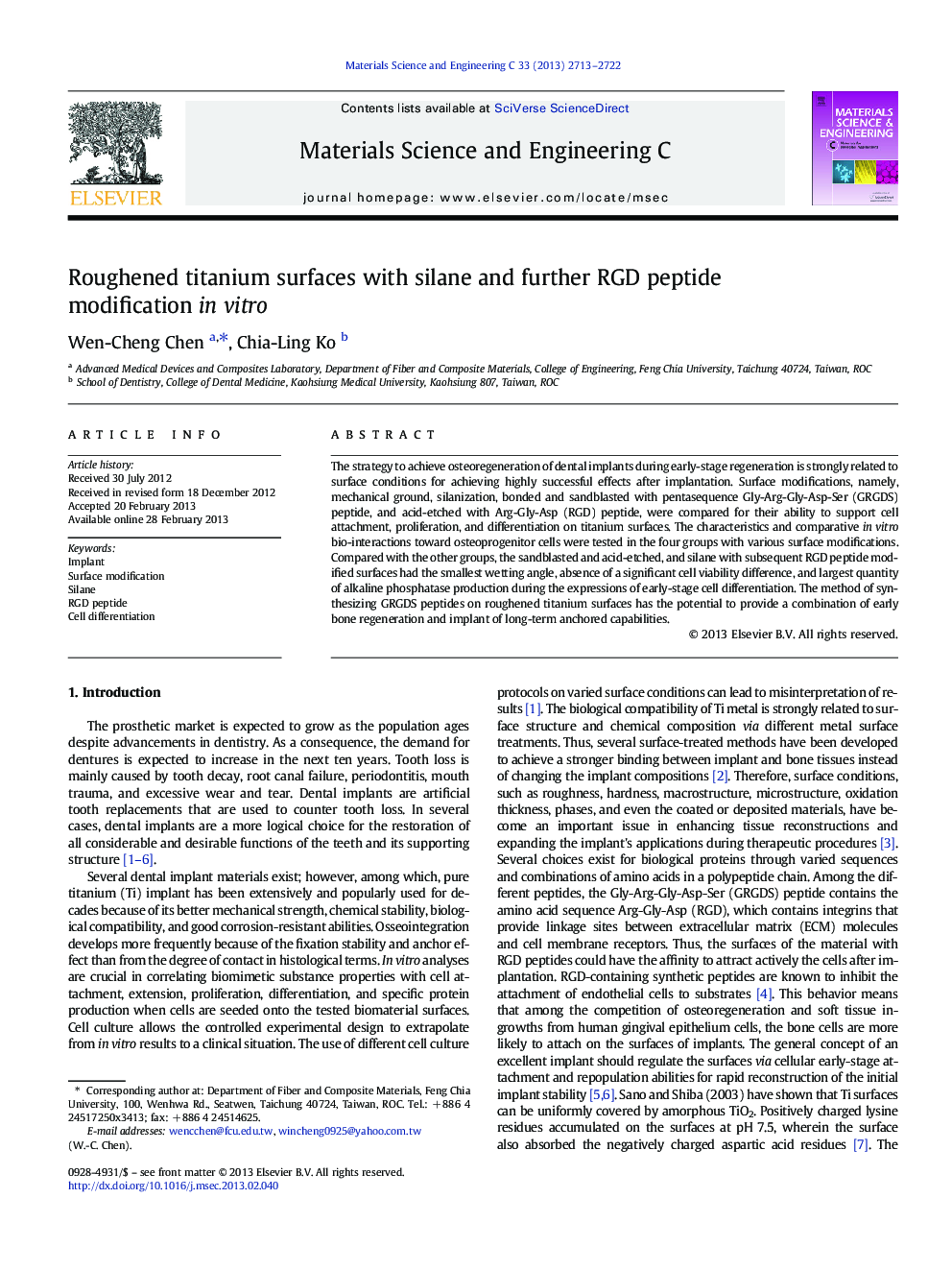 Roughened titanium surfaces with silane and further RGD peptide modification in vitro