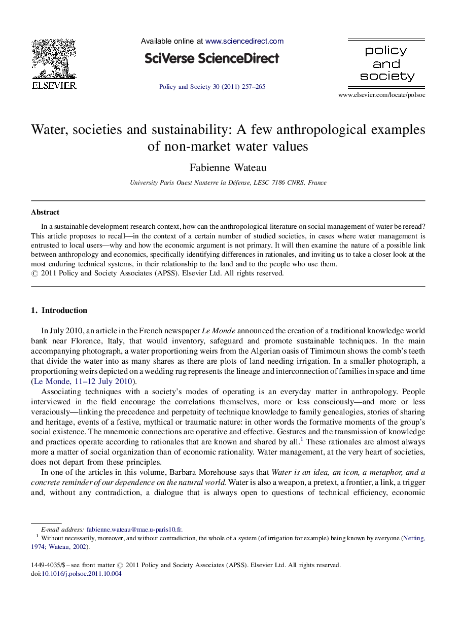 Water, societies and sustainability: A few anthropological examples of non-market water values