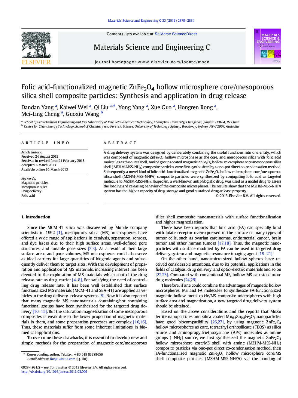 Folic acid-functionalized magnetic ZnFe2O4 hollow microsphere core/mesoporous silica shell composite particles: Synthesis and application in drug release