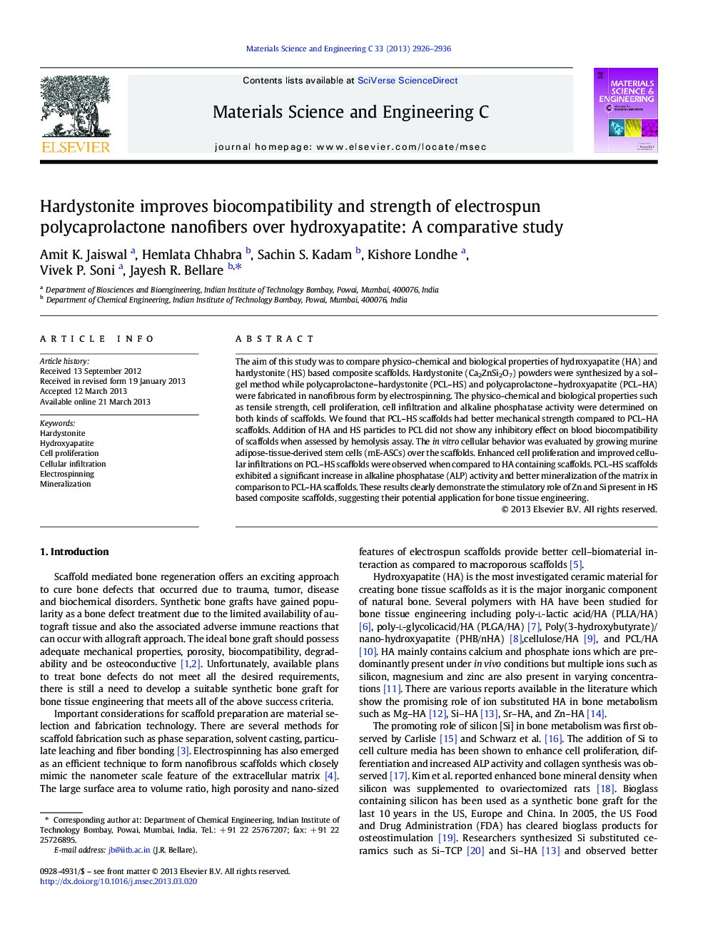 Hardystonite improves biocompatibility and strength of electrospun polycaprolactone nanofibers over hydroxyapatite: A comparative study