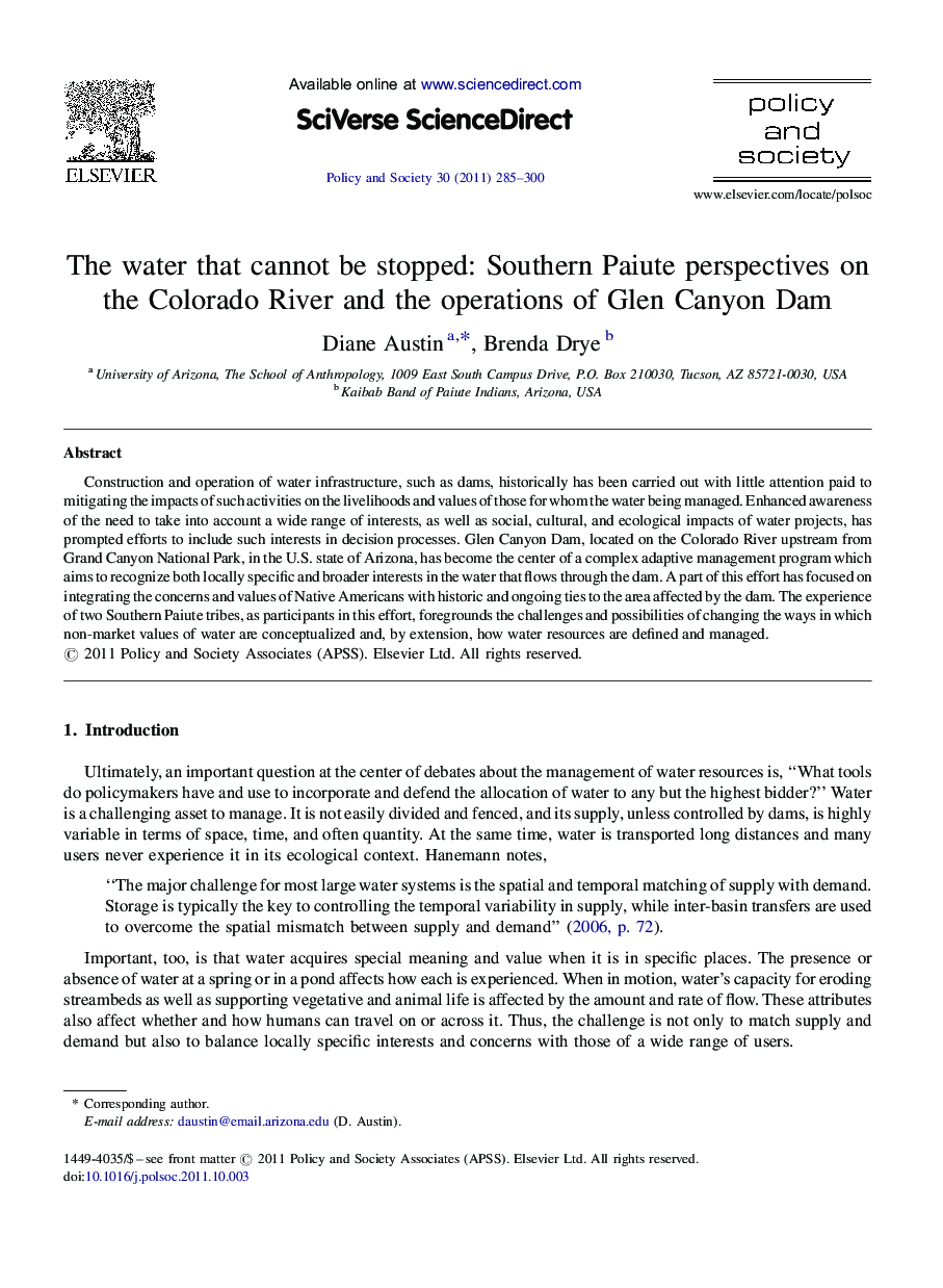 The water that cannot be stopped: Southern Paiute perspectives on the Colorado River and the operations of Glen Canyon Dam