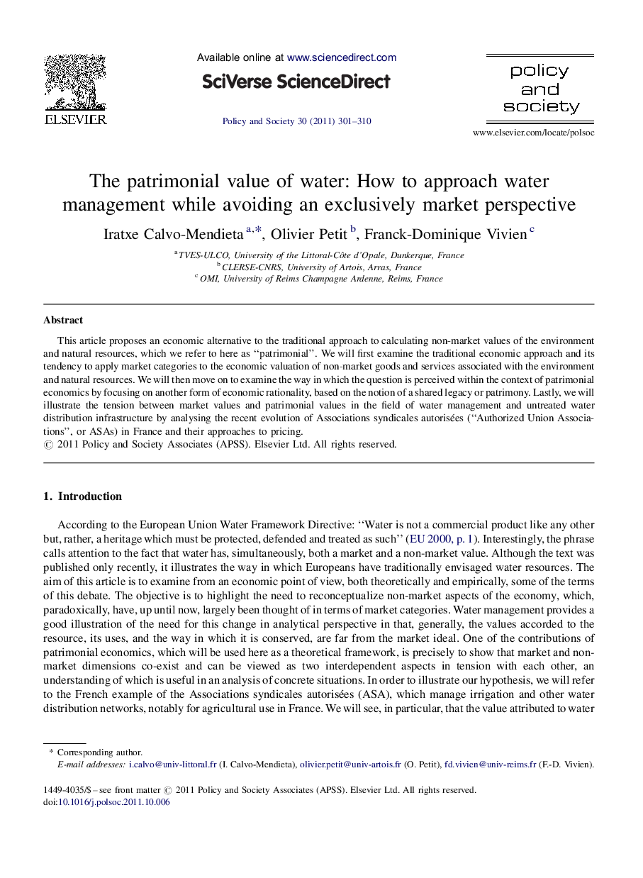 The patrimonial value of water: How to approach water management while avoiding an exclusively market perspective