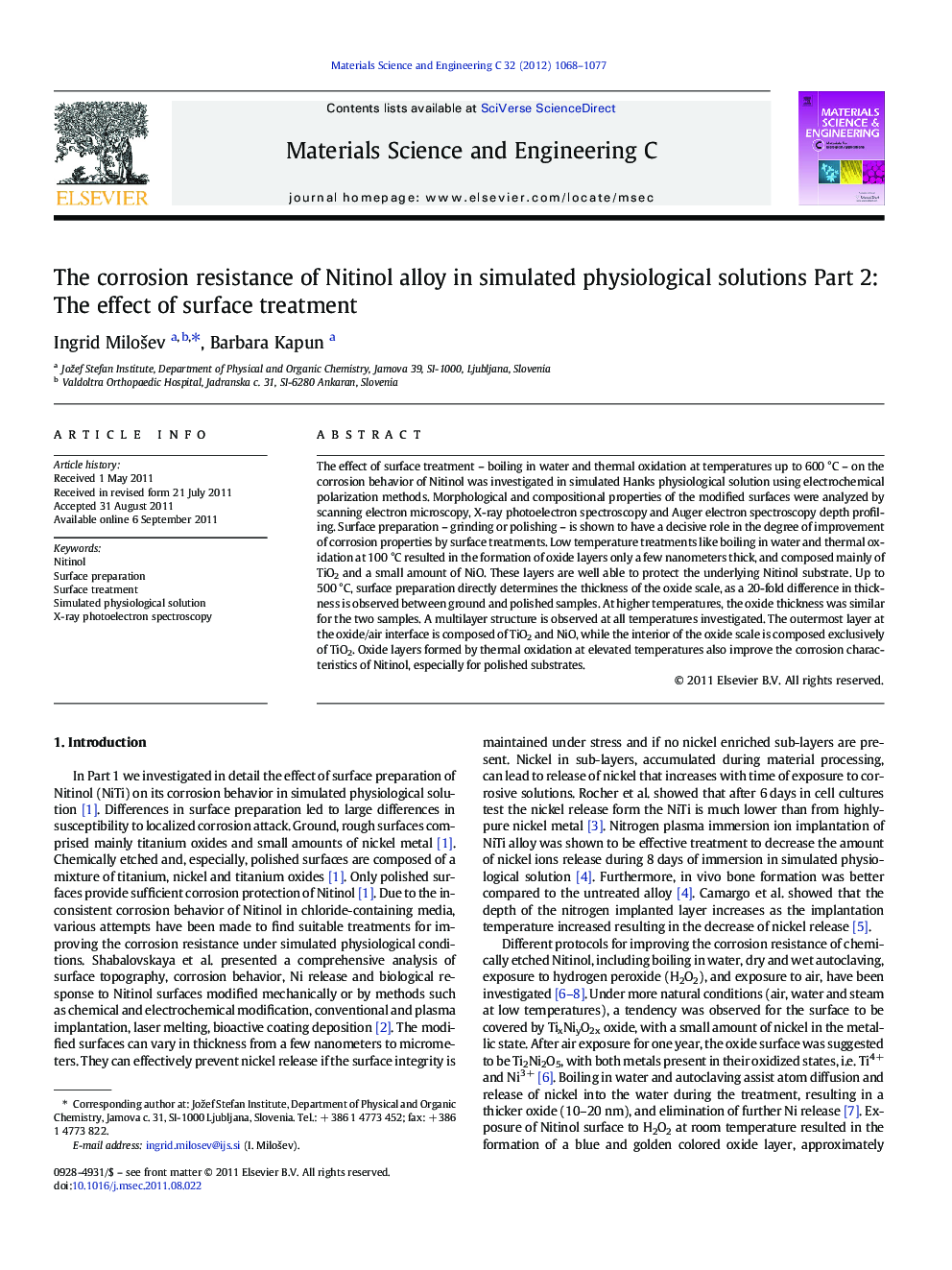 The corrosion resistance of Nitinol alloy in simulated physiological solutions Part 2: The effect of surface treatment