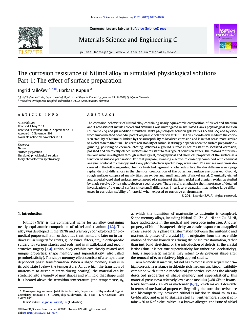 The corrosion resistance of Nitinol alloy in simulated physiological solutions