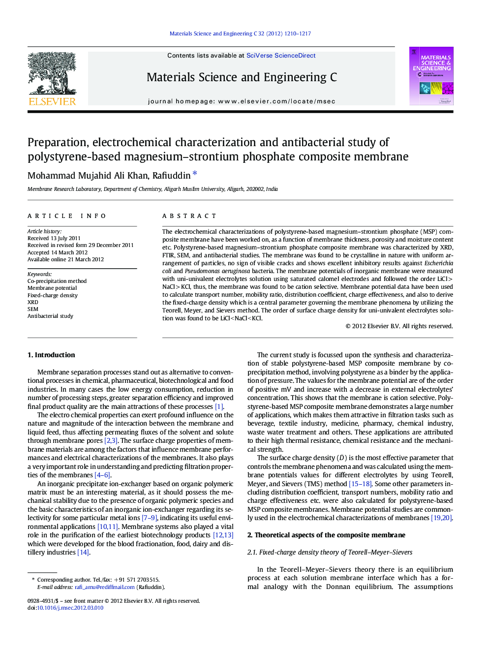 Preparation, electrochemical characterization and antibacterial study of polystyrene-based magnesium-strontium phosphate composite membrane