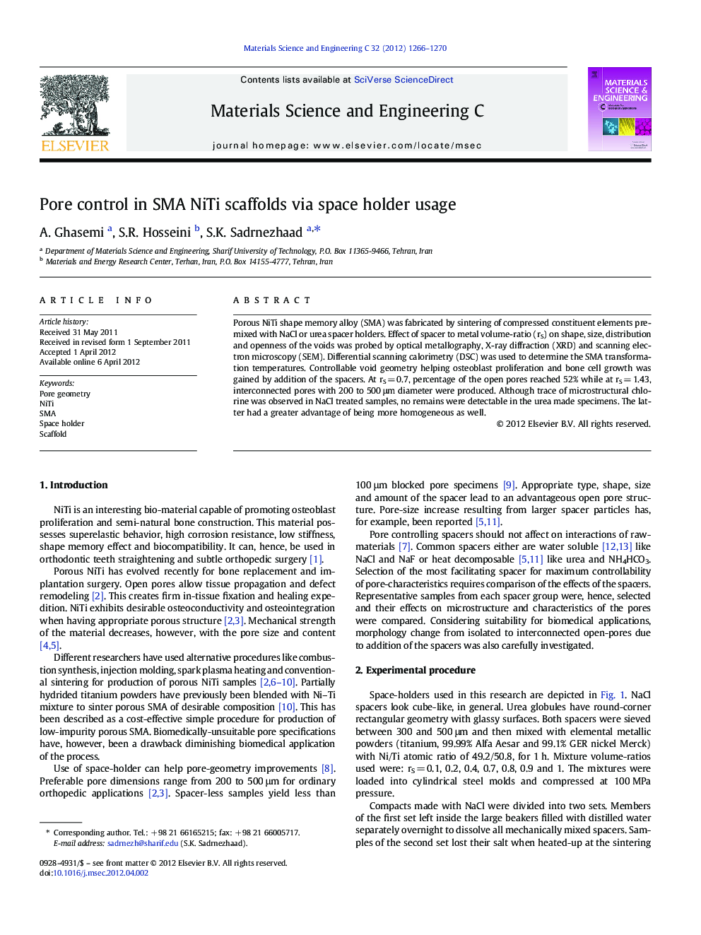 Pore control in SMA NiTi scaffolds via space holder usage