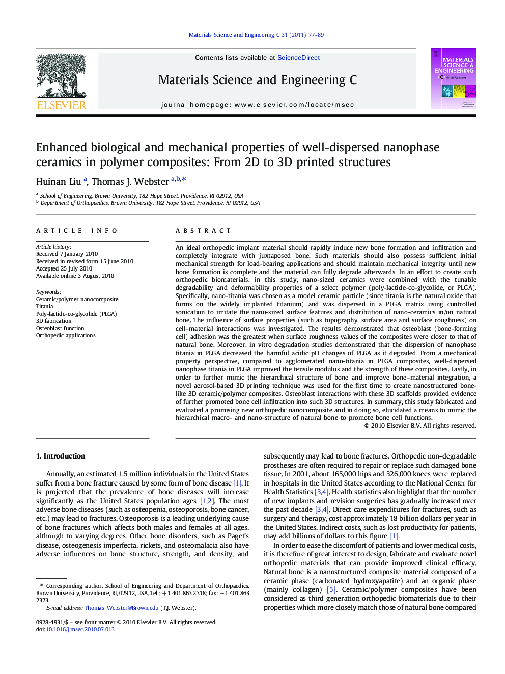 Enhanced biological and mechanical properties of well-dispersed nanophase ceramics in polymer composites: From 2D to 3D printed structures