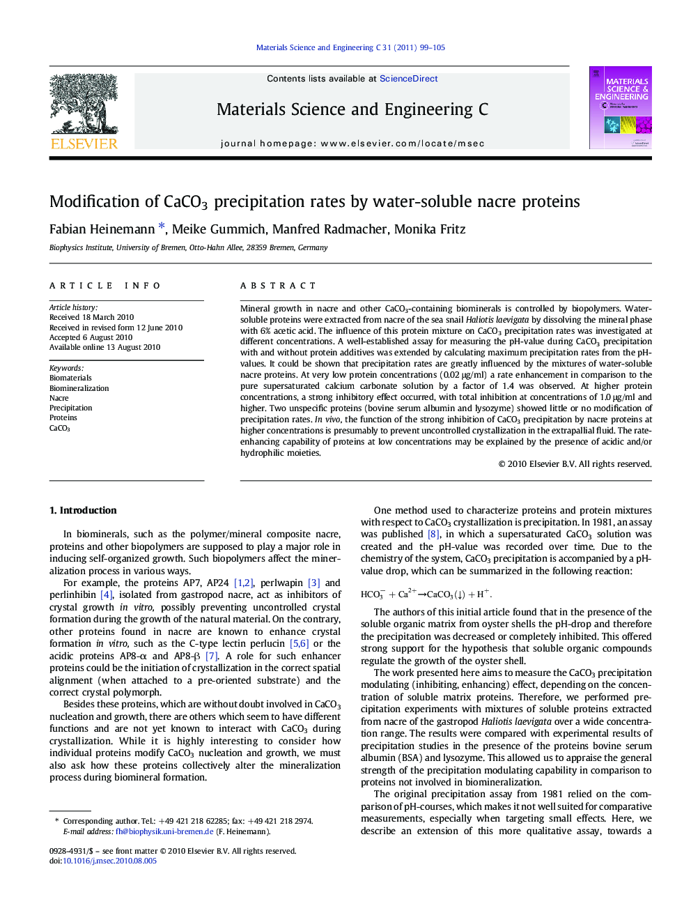 Modification of CaCO3 precipitation rates by water-soluble nacre proteins