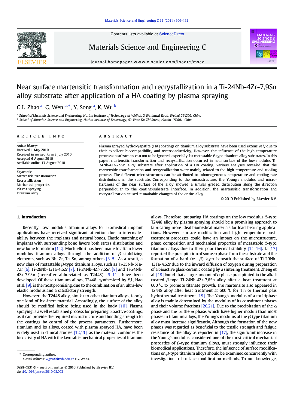 Near surface martensitic transformation and recrystallization in a Ti-24Nb-4Zr-7.9Sn alloy substrate after application of a HA coating by plasma spraying
