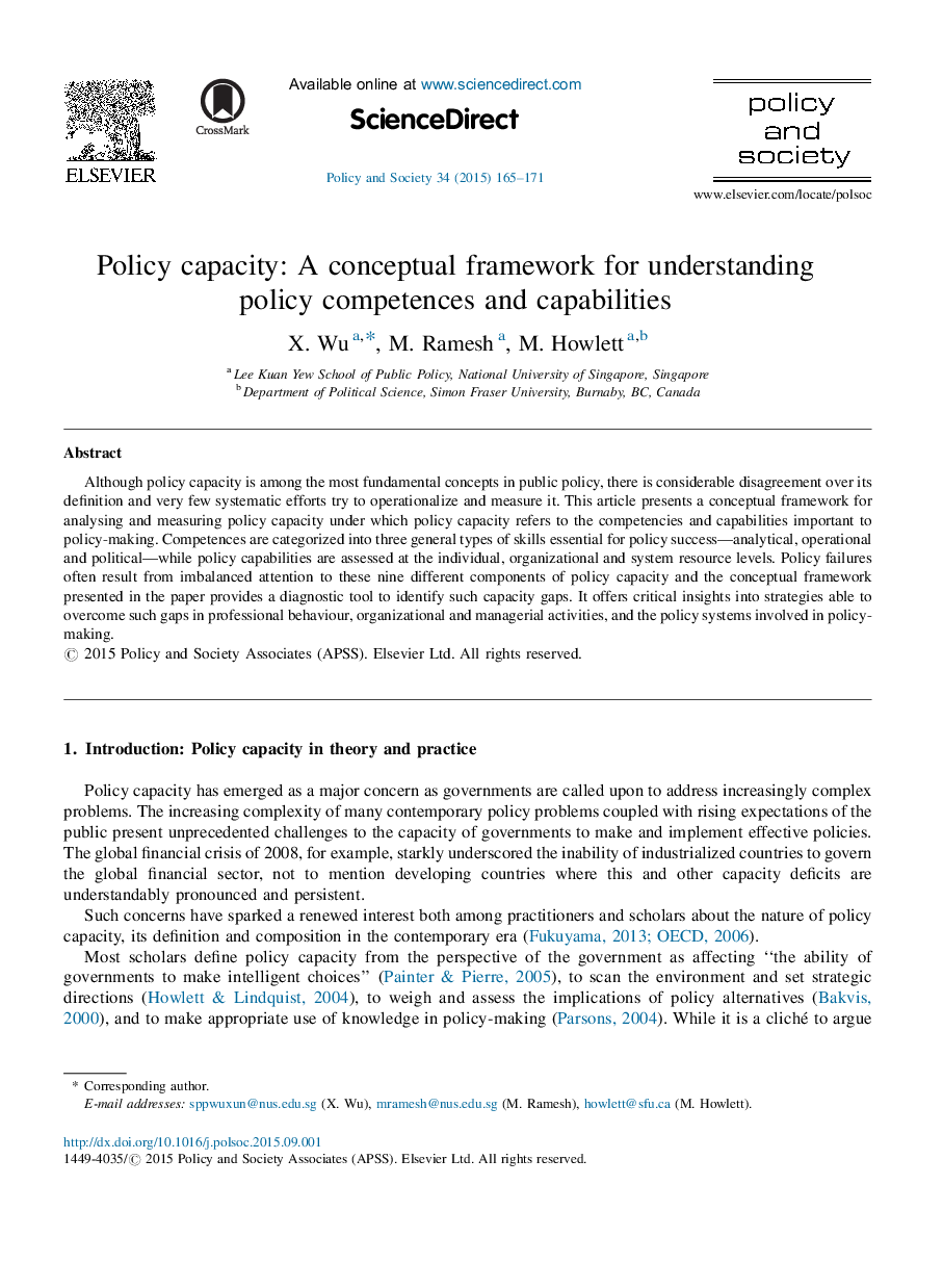 Policy capacity: A conceptual framework for understanding policy competences and capabilities