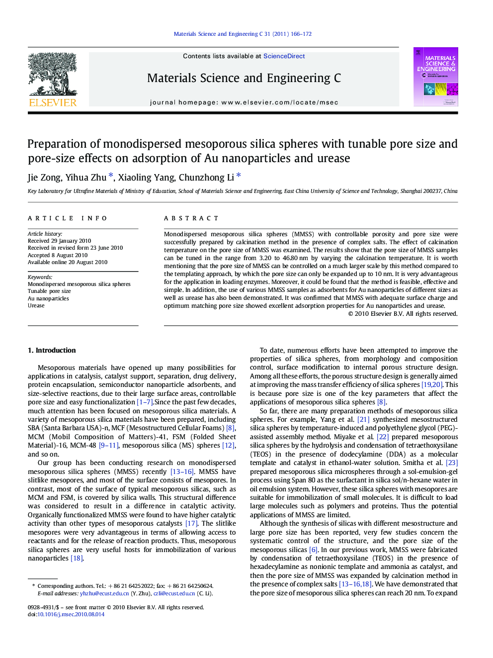 عکس صفحه اول مقاله: Preparation of monodispersed mesoporous silica spheres with tunable pore size and pore-size effects on adsorption of Au nanoparticles and urease Preparation of monodispersed mesoporous silica spheres with tunable pore size and pore-size effects on adsorption of Au nanoparticles and urease