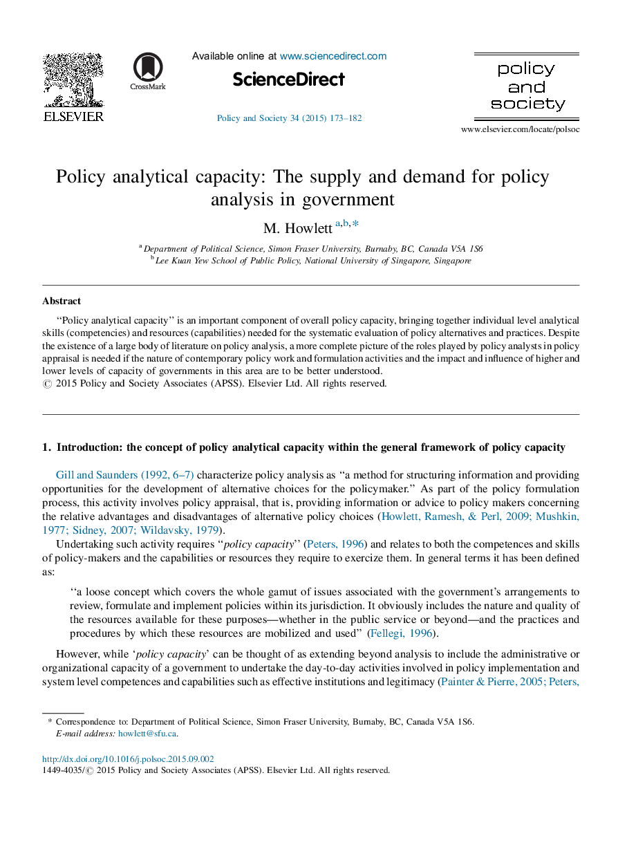 Policy analytical capacity: The supply and demand for policy analysis in government