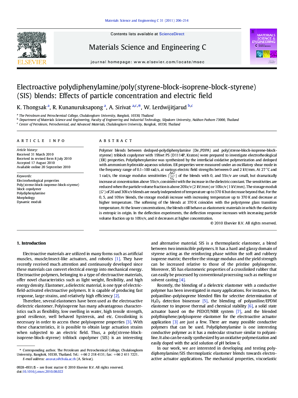 Electroactive polydiphenylamine/poly(styrene-block-isoprene-block-styrene) (SIS) blends: Effects of particle concentration and electric field