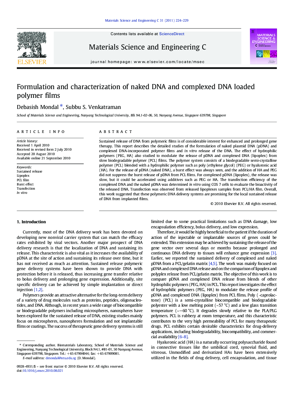 Formulation and characterization of naked DNA and complexed DNA loaded polymer films