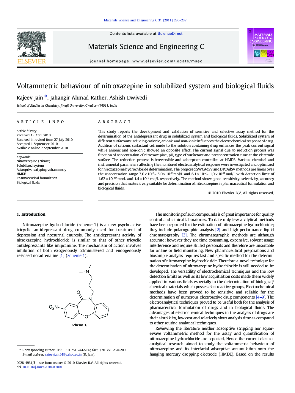 Voltammetric behaviour of nitroxazepine in solubilized system and biological fluids