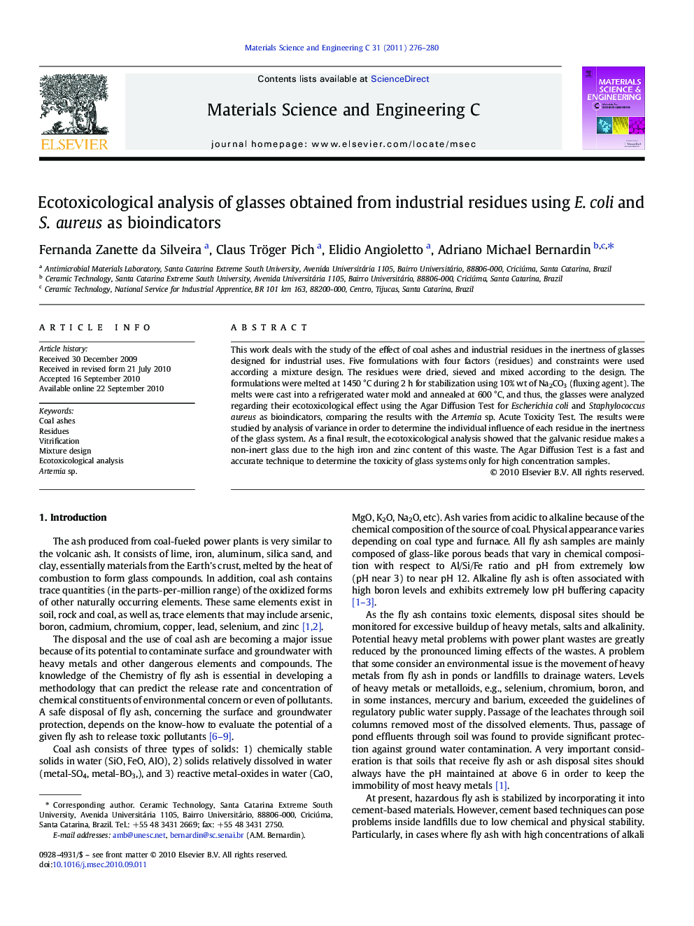 Ecotoxicological analysis of glasses obtained from industrial residues using E. coli and S. aureus as bioindicators