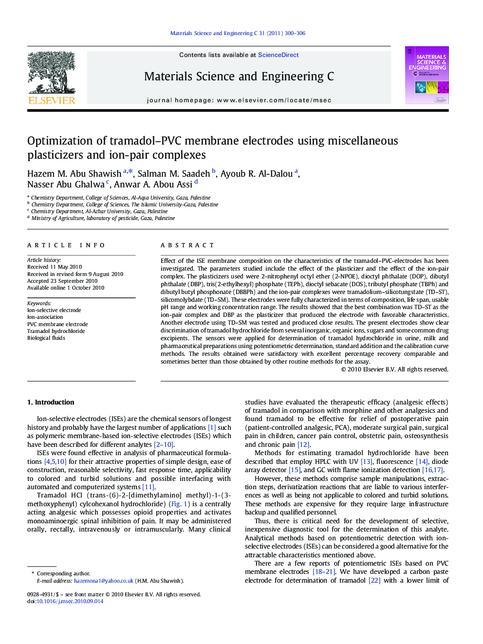 Optimization of tramadol-PVC membrane electrodes using miscellaneous plasticizers and ion-pair complexes