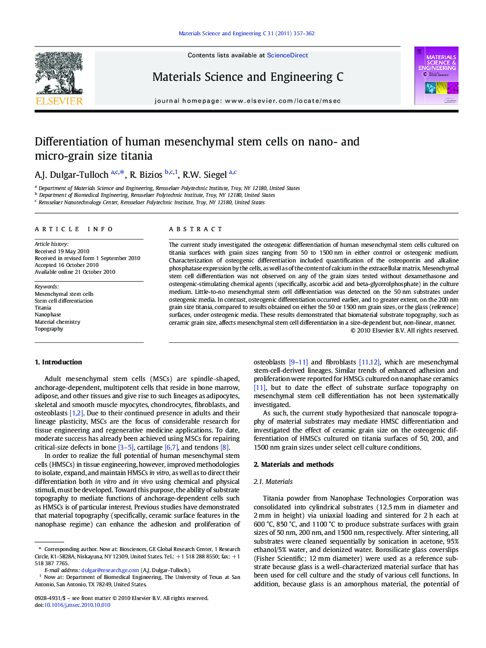 Differentiation of human mesenchymal stem cells on nano- and micro-grain size titania