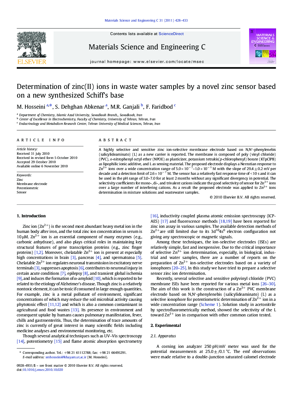 Determination of zinc(II) ions in waste water samples by a novel zinc sensor based on a new synthesized Schiff's base