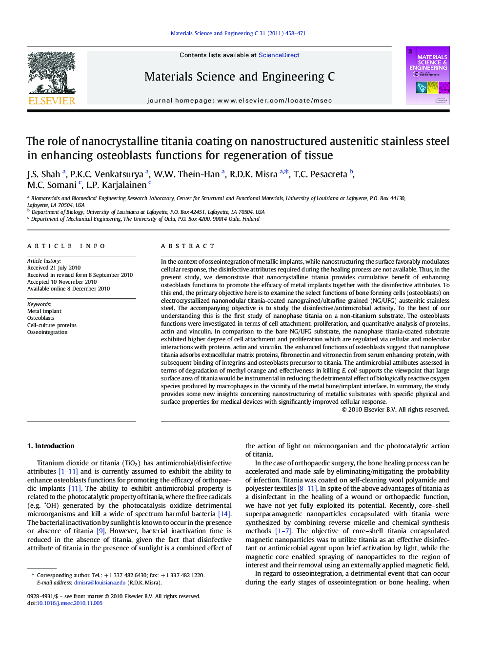 The role of nanocrystalline titania coating on nanostructured austenitic stainless steel in enhancing osteoblasts functions for regeneration of tissue