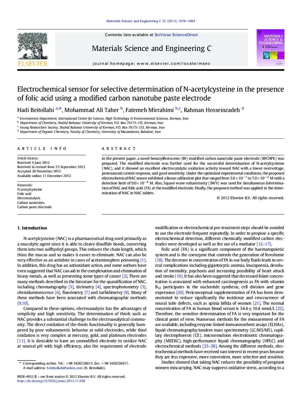 Electrochemical sensor for selective determination of N-acetylcysteine in the presence of folic acid using a modified carbon nanotube paste electrode