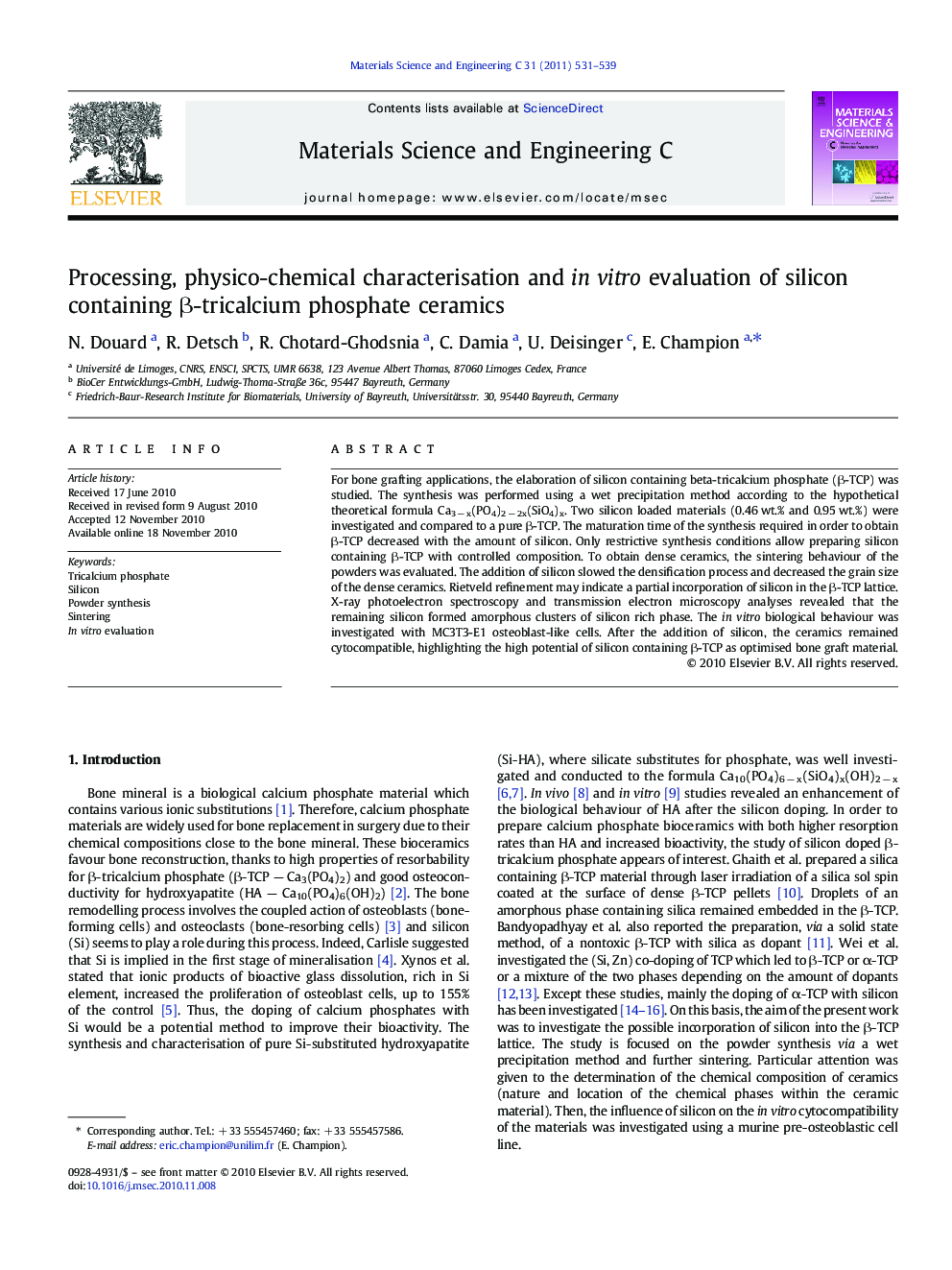 Processing, physico-chemical characterisation and in vitro evaluation of silicon containing Î²-tricalcium phosphate ceramics