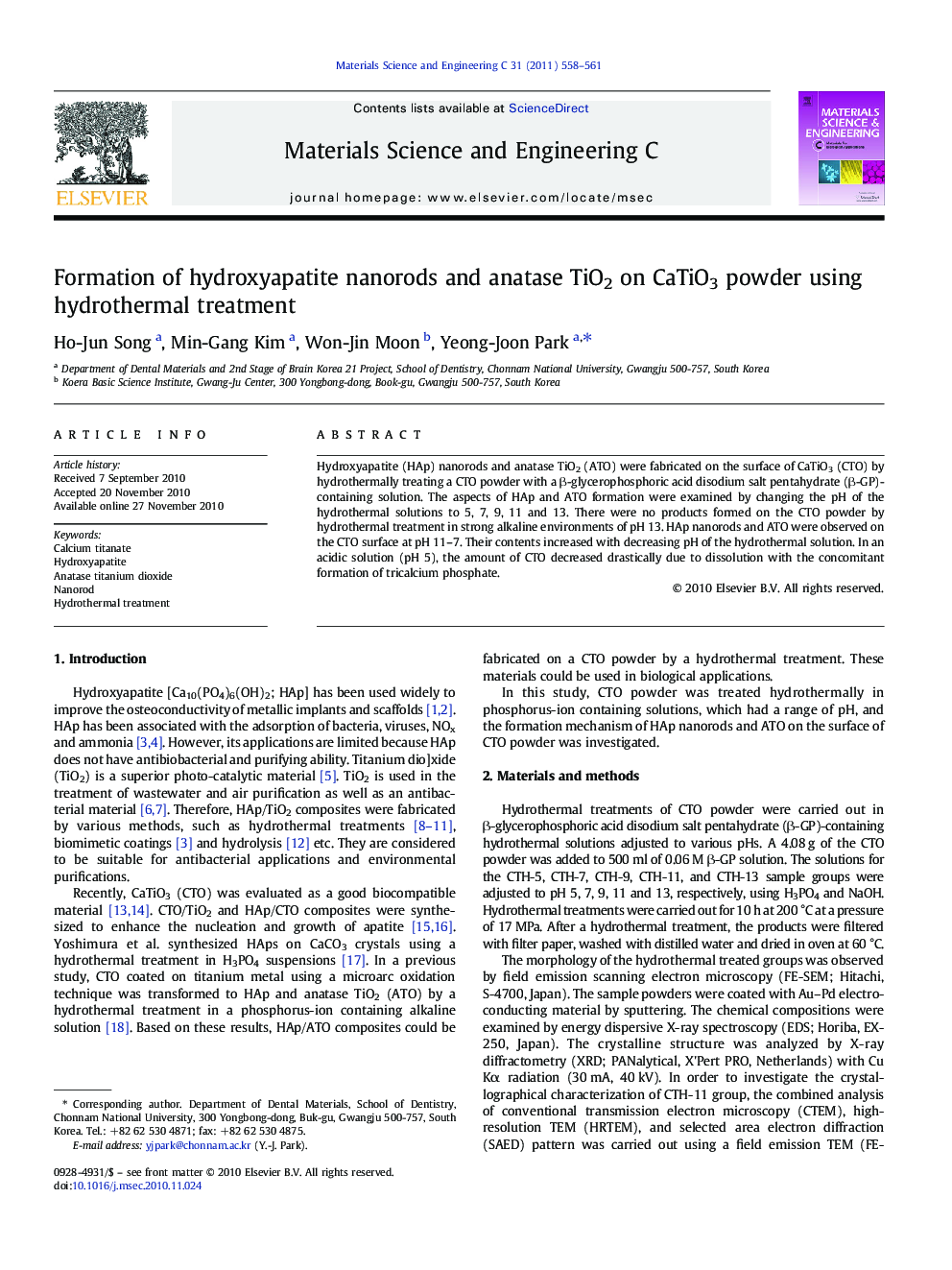 عکس صفحه اول مقاله: Formation of hydroxyapatite nanorods and anatase TiO2 on CaTiO3 powder using hydrothermal treatment Formation of hydroxyapatite nanorods and anatase TiO2 on CaTiO3 powder using hydrothermal treatment