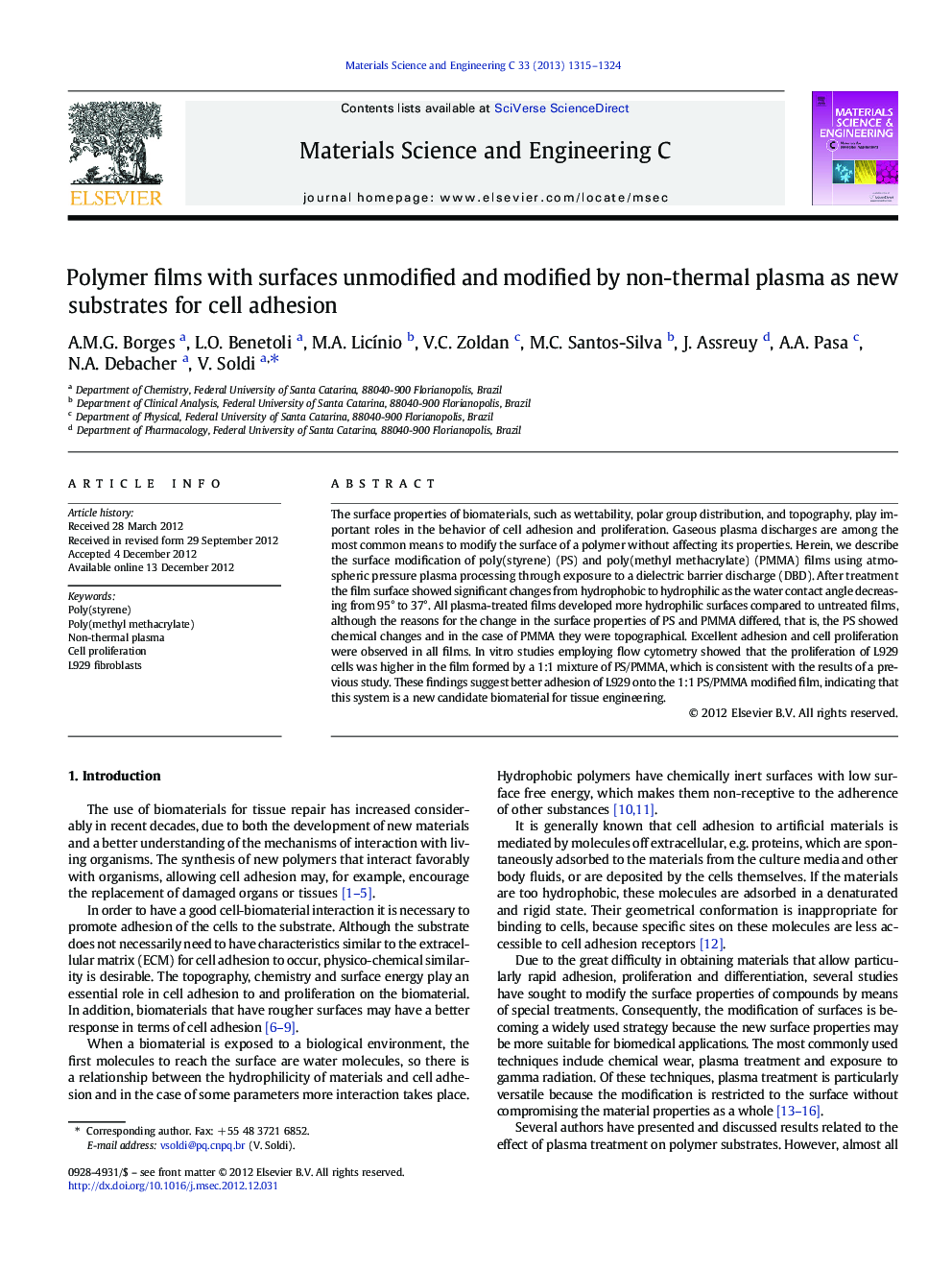 Polymer films with surfaces unmodified and modified by non-thermal plasma as new substrates for cell adhesion