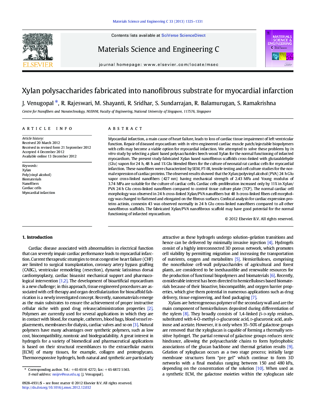 Xylan polysaccharides fabricated into nanofibrous substrate for myocardial infarction