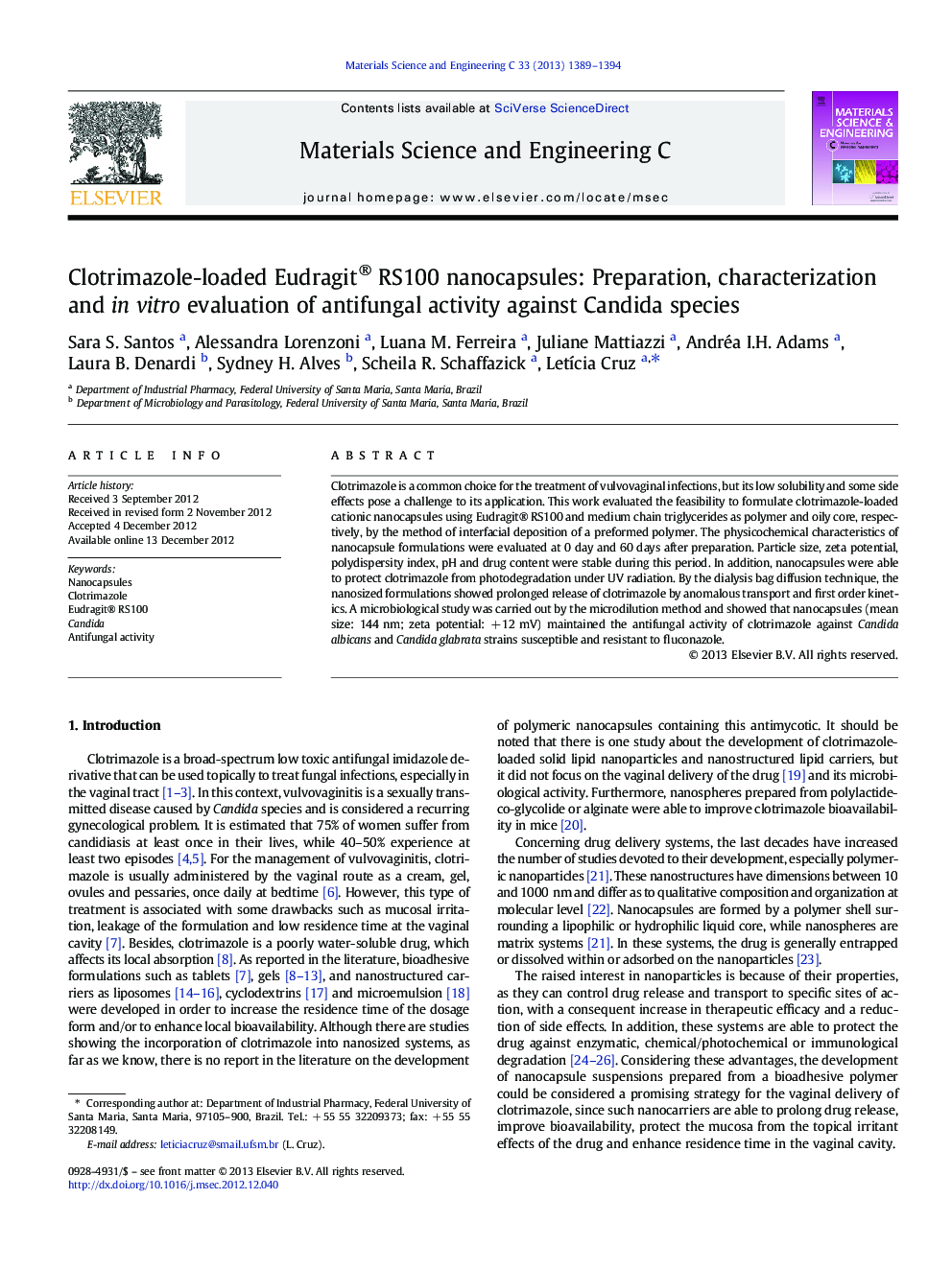 Clotrimazole-loaded Eudragit® RS100 nanocapsules: Preparation, characterization and in vitro evaluation of antifungal activity against Candida species