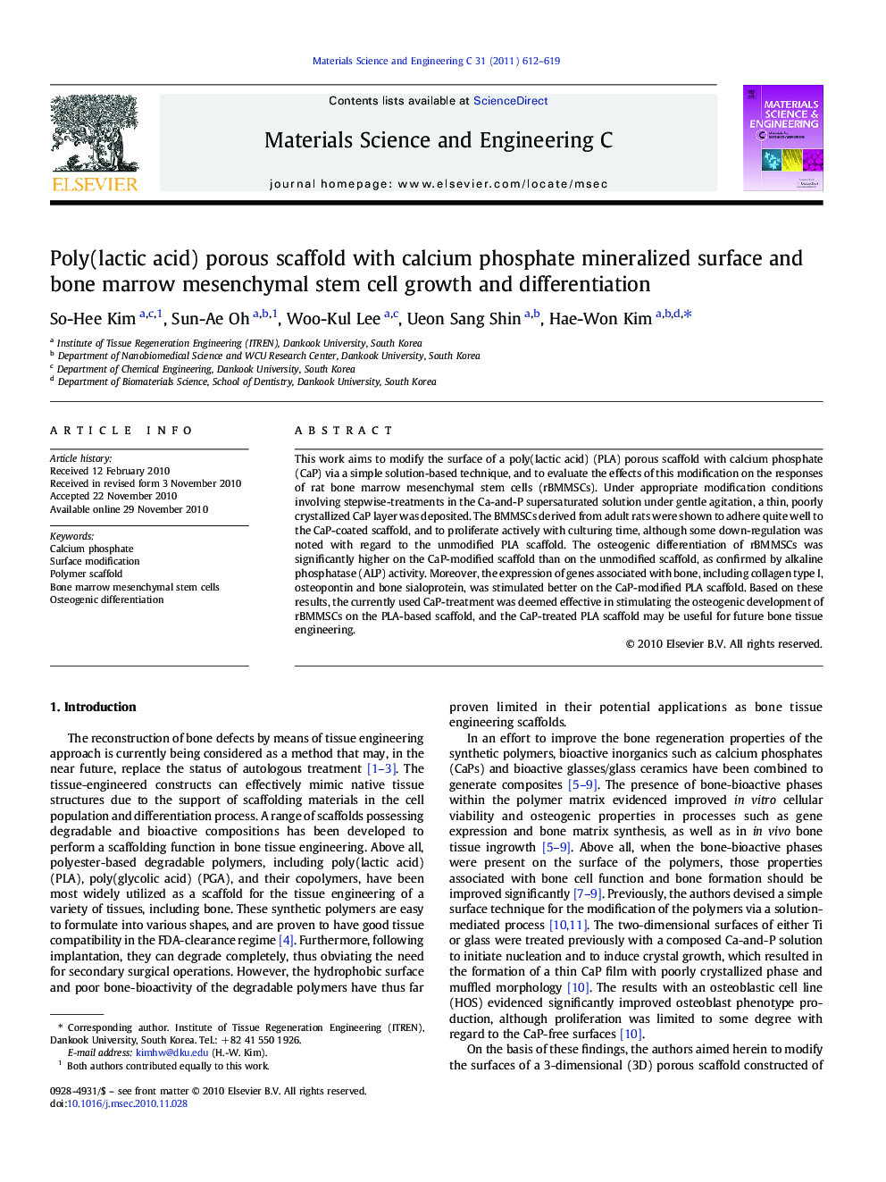 Poly(lactic acid) porous scaffold with calcium phosphate mineralized surface and bone marrow mesenchymal stem cell growth and differentiation