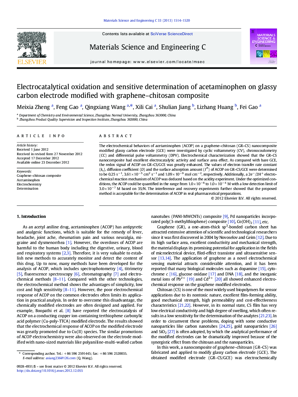 Electrocatalytical oxidation and sensitive determination of acetaminophen on glassy carbon electrode modified with graphene-chitosan composite