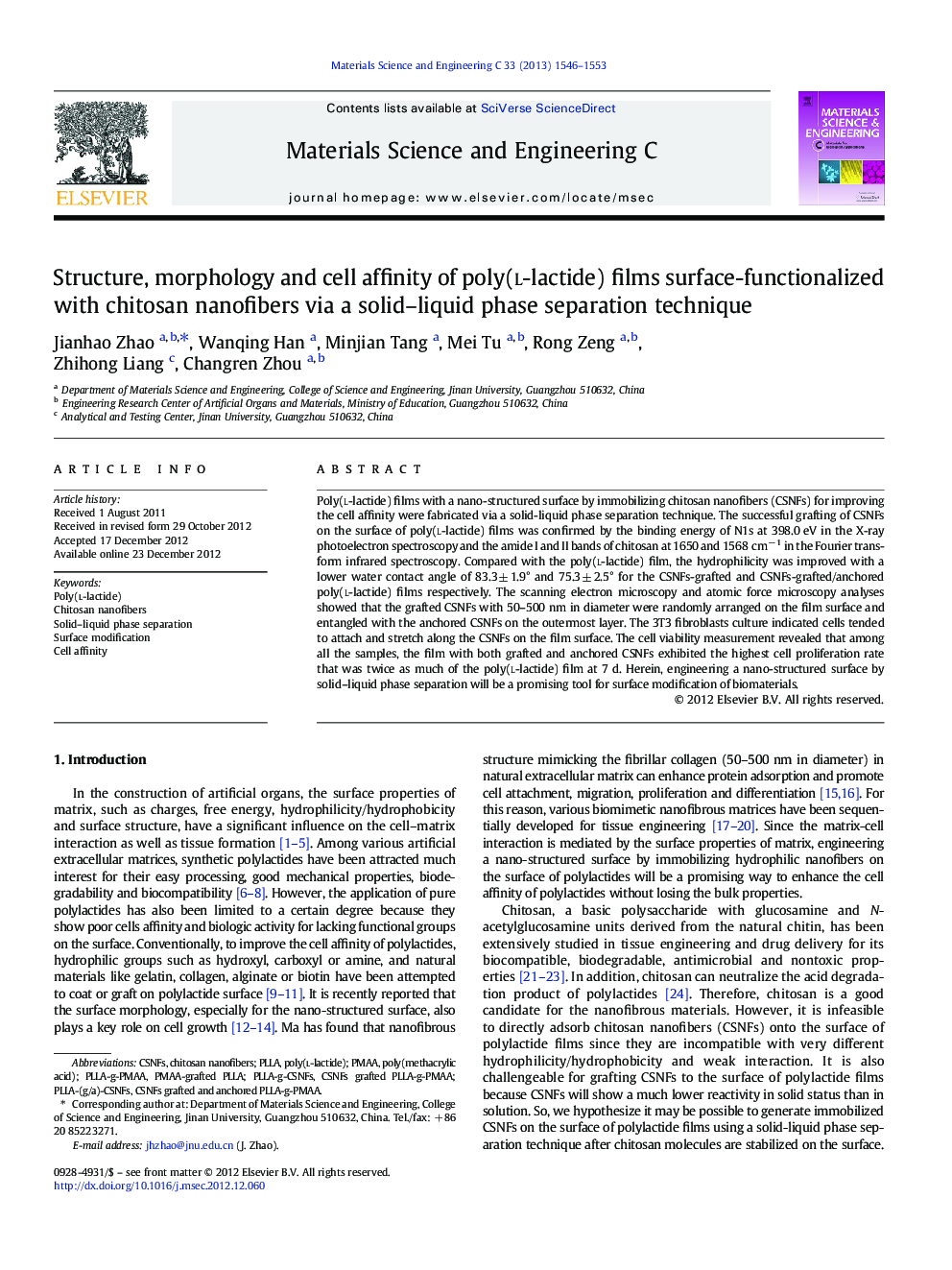 Structure, morphology and cell affinity of poly(l-lactide) films surface-functionalized with chitosan nanofibers via a solid-liquid phase separation technique