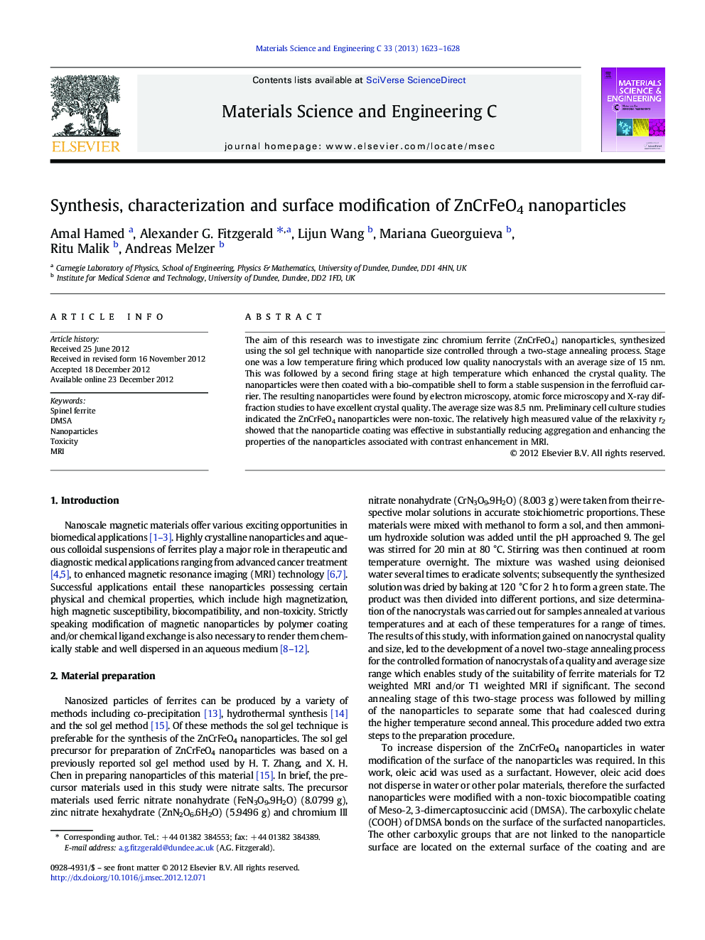 Synthesis, characterization and surface modification of ZnCrFeO4 nanoparticles