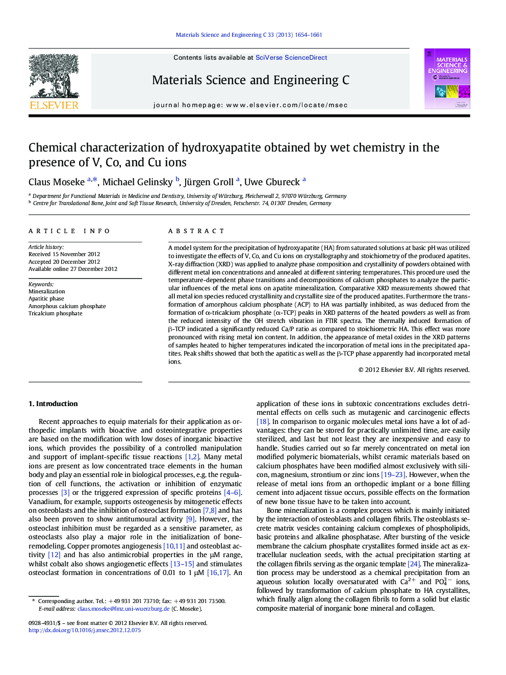 Chemical characterization of hydroxyapatite obtained by wet chemistry in the presence of V, Co, and Cu ions