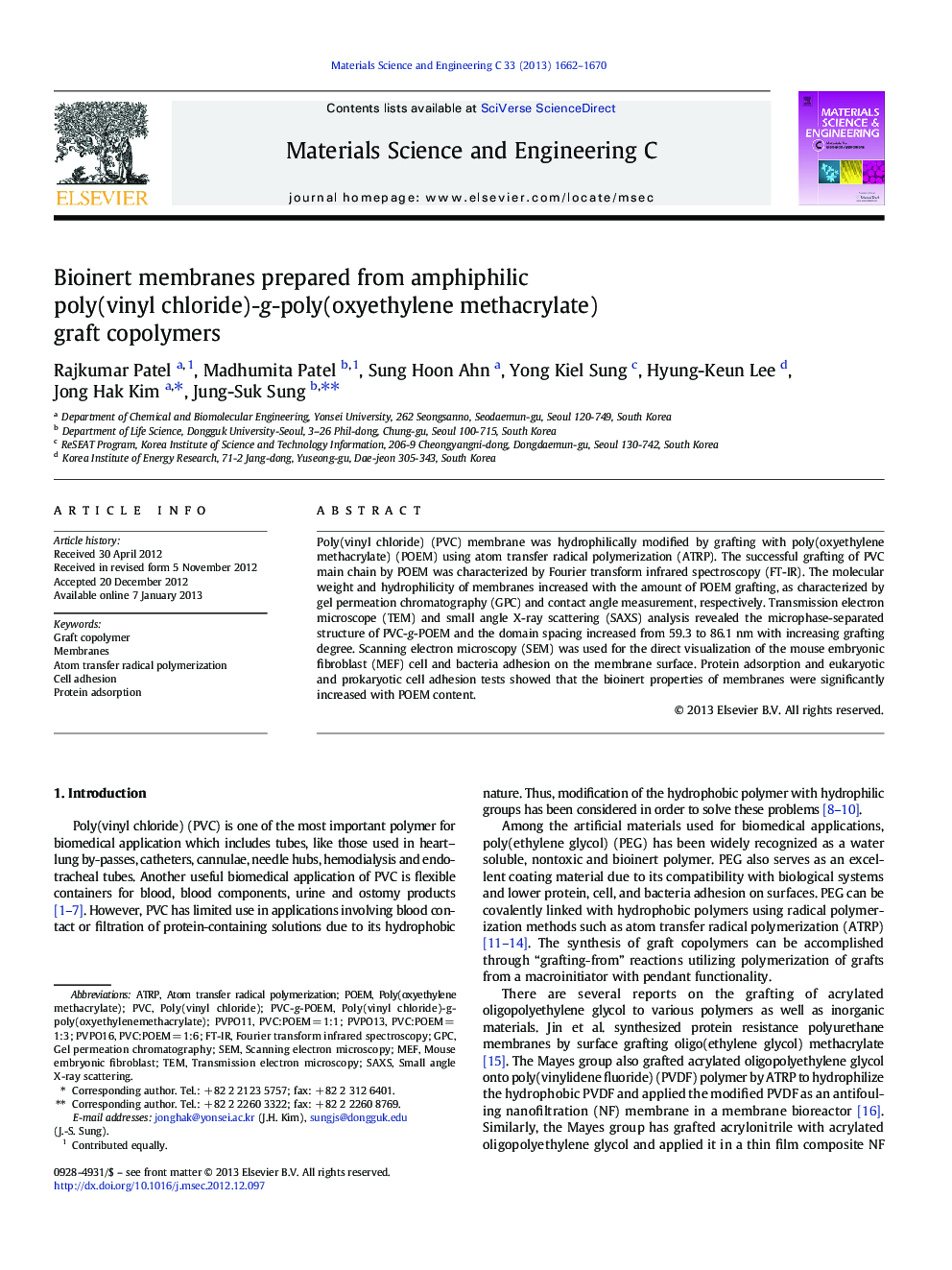 Bioinert membranes prepared from amphiphilic poly(vinyl chloride)-g-poly(oxyethylene methacrylate) graft copolymers