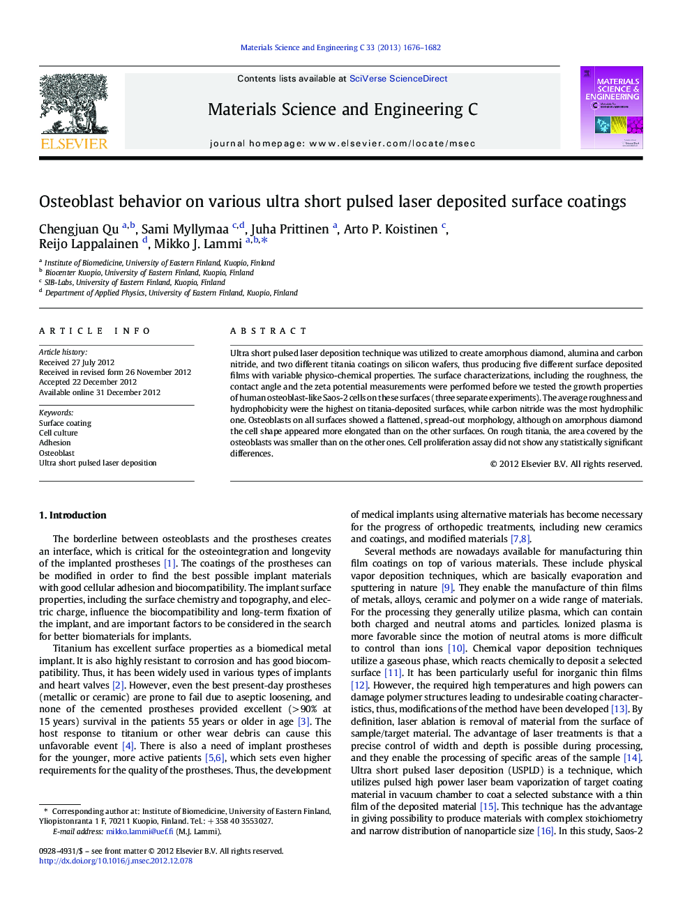 Osteoblast behavior on various ultra short pulsed laser deposited surface coatings