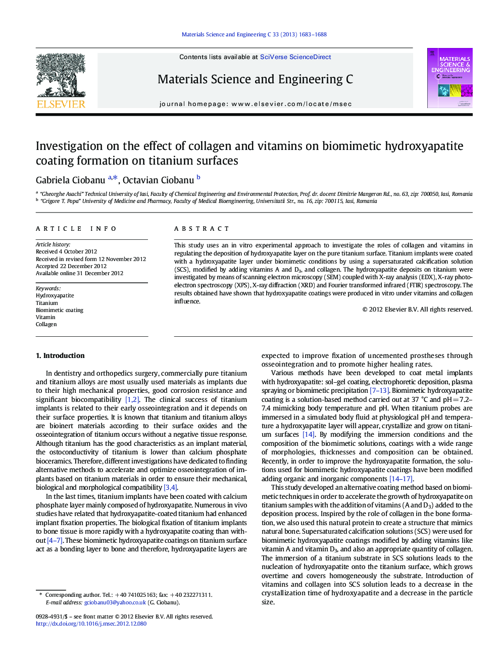 Investigation on the effect of collagen and vitamins on biomimetic hydroxyapatite coating formation on titanium surfaces