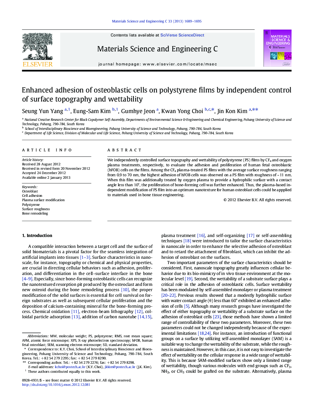 Enhanced adhesion of osteoblastic cells on polystyrene films by independent control of surface topography and wettability