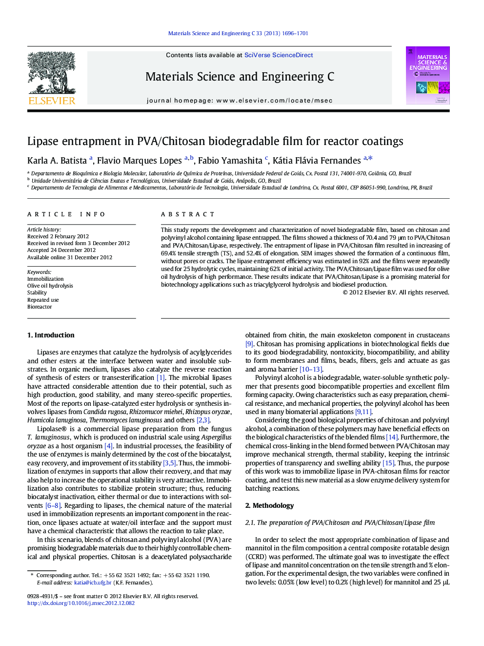 Lipase entrapment in PVA/Chitosan biodegradable film for reactor coatings