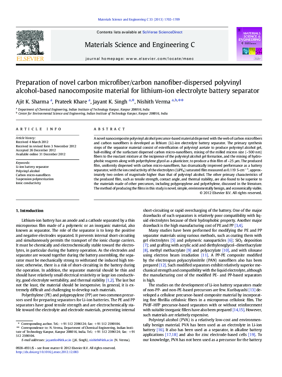 Preparation of novel carbon microfiber/carbon nanofiber-dispersed polyvinyl alcohol-based nanocomposite material for lithium-ion electrolyte battery separator