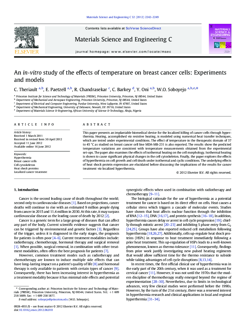 An in-vitro study of the effects of temperature on breast cancer cells: Experiments and models