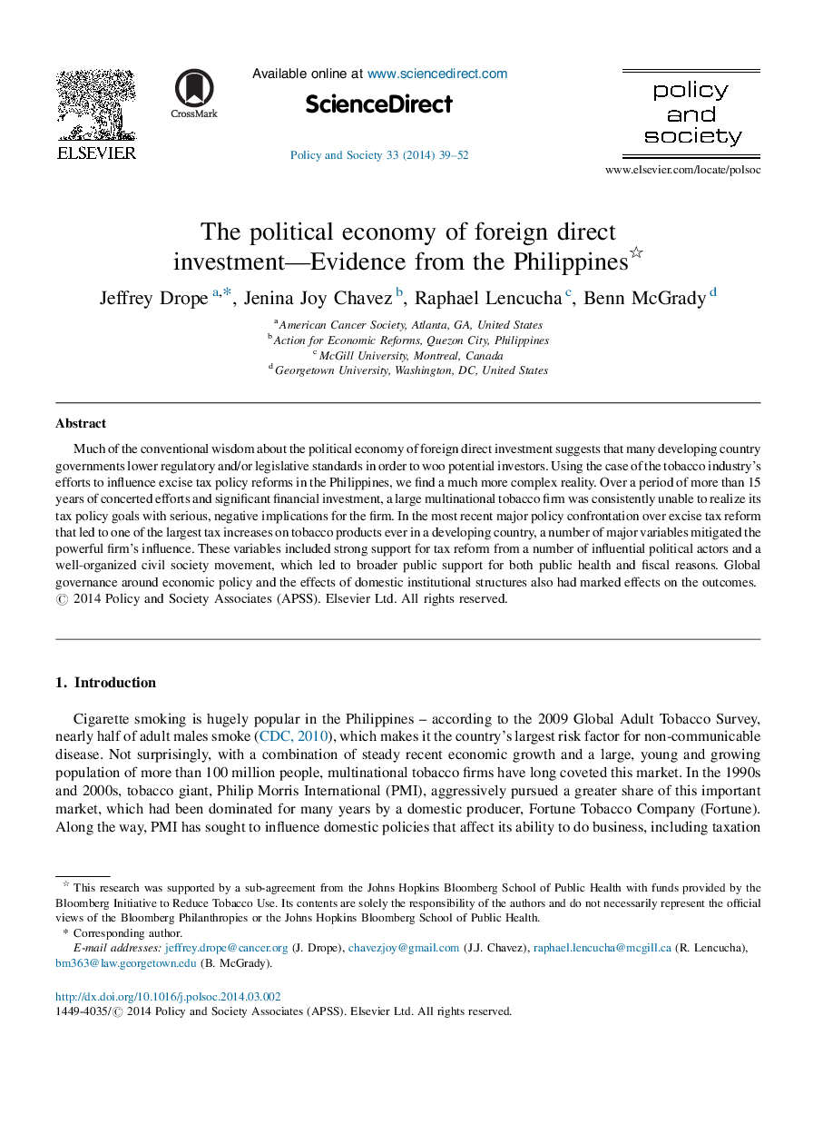 The political economy of foreign direct investment—Evidence from the Philippines 